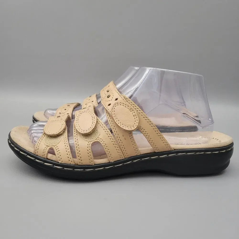 Clarks Collection Womens Leisa Slide Sandals Adjustable Three Strap Beige 8